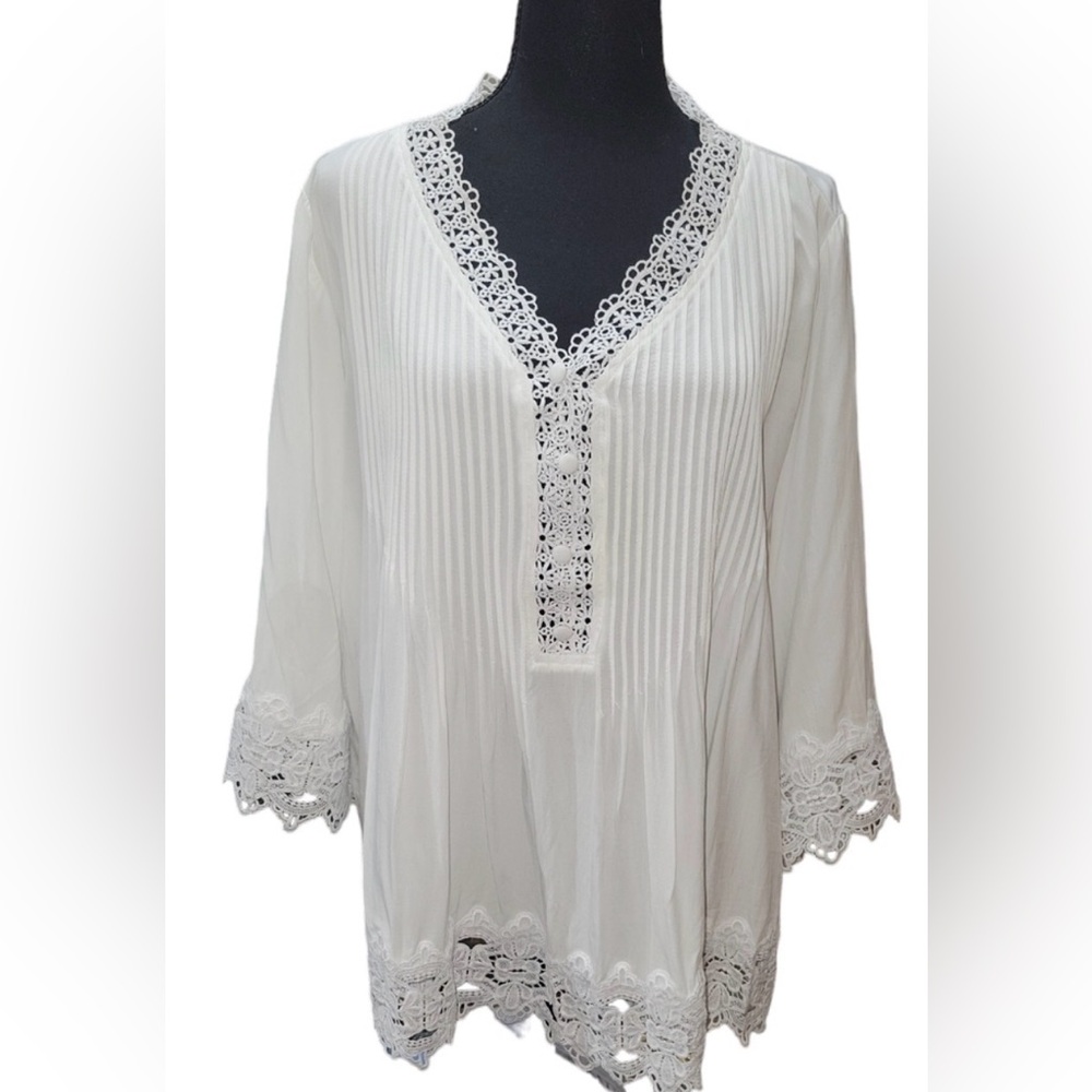 Chelsea‎ & Theodore White Crochet Lace Pintuck Blouse XL Boho Rayon Top